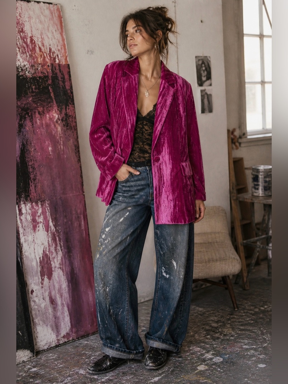Cider Oversized Fuchsia Pink Crushed Velvet One Button Blazer Womens Size XS NWT